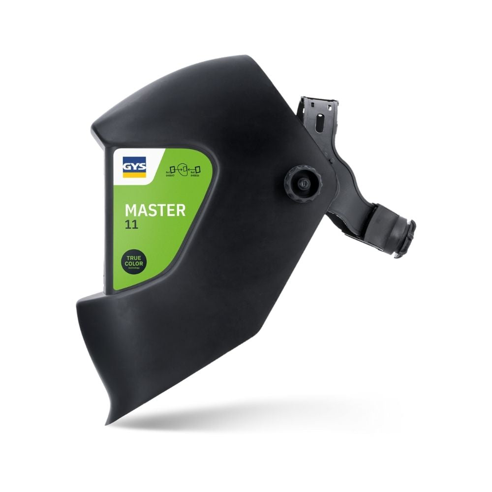 Black welding helmet with green label on a white background