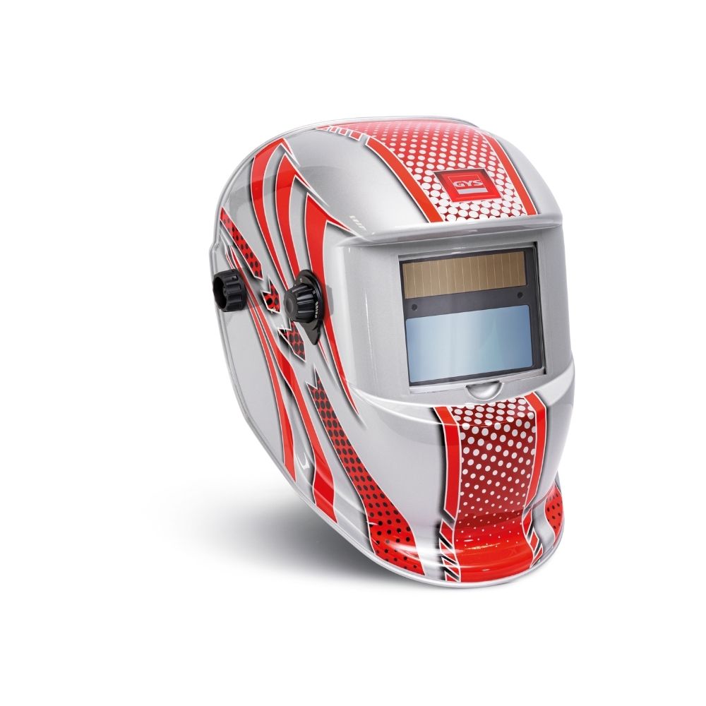 Welding helmet with red and white design on a white background