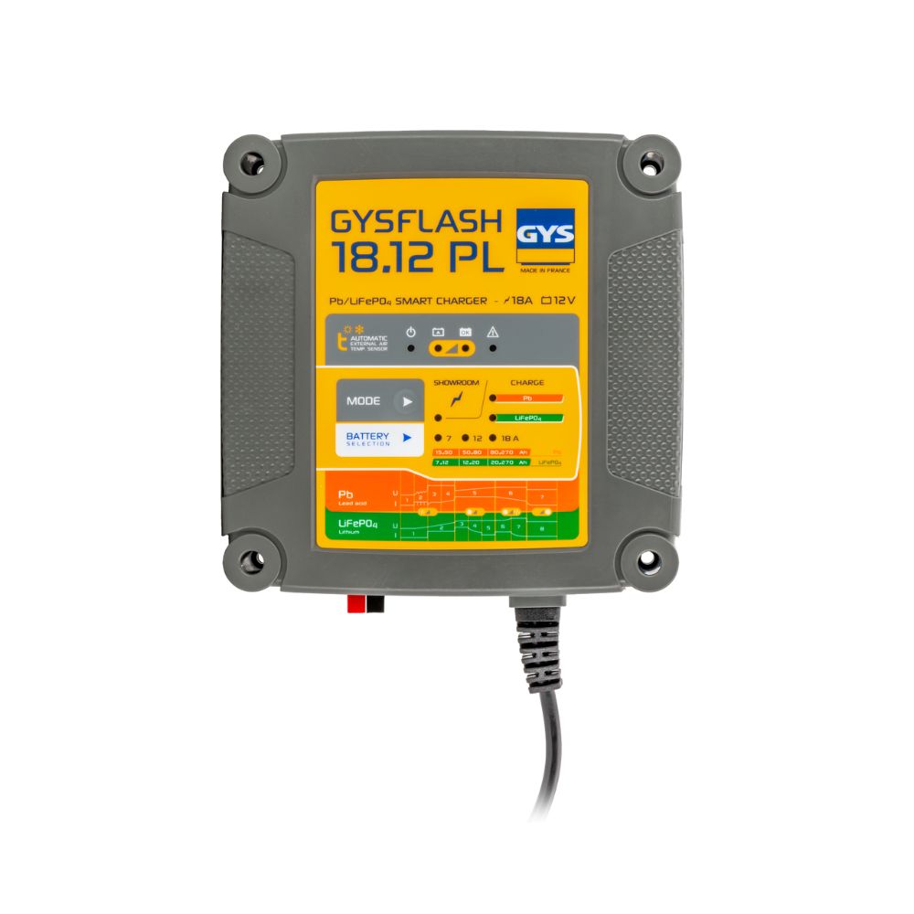 GYSFLASH_18.12-PL-1 GYS battery charger with yellow display on a white background