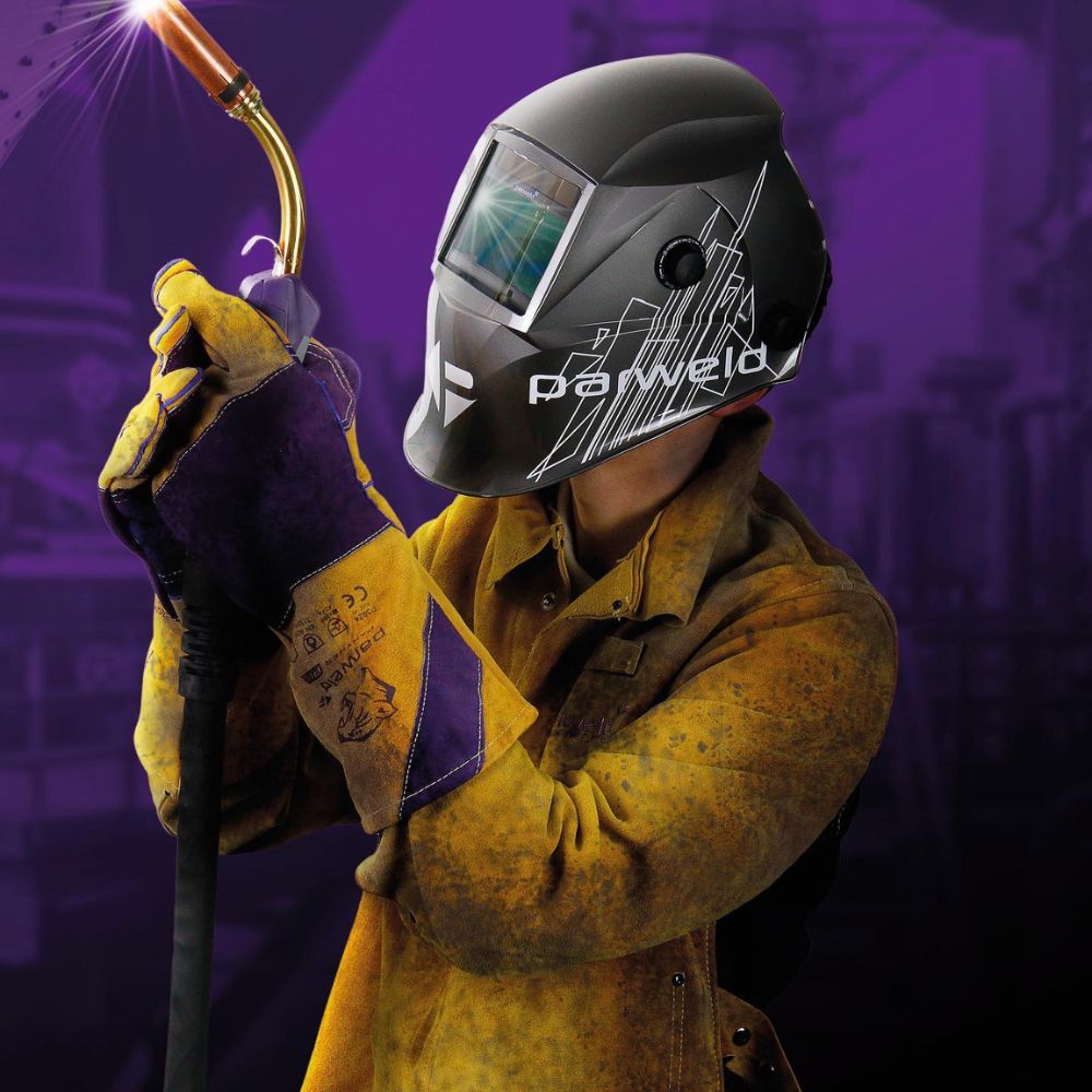 Welder with Parweld helmet and Mig Torch Welding
