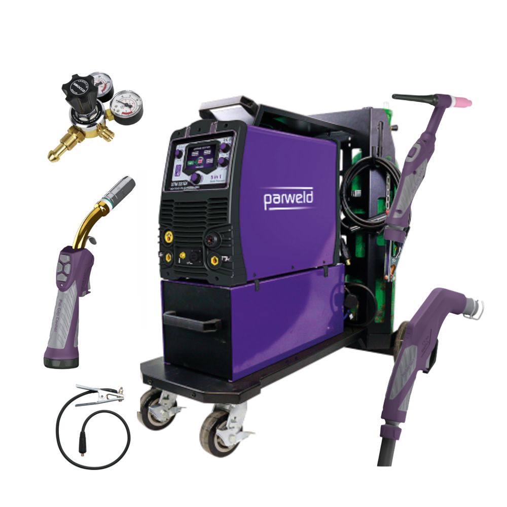 PARWELD XTM221D1-P3T MIG TIG PLASMA with welding torch, plasma torch, accessories and a trolley.