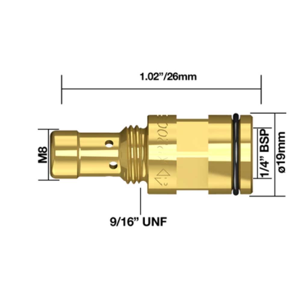 Tapered Head Assembly, Tip Thread M8, 1/4” BSP, 19mm Diameter Dimensions
