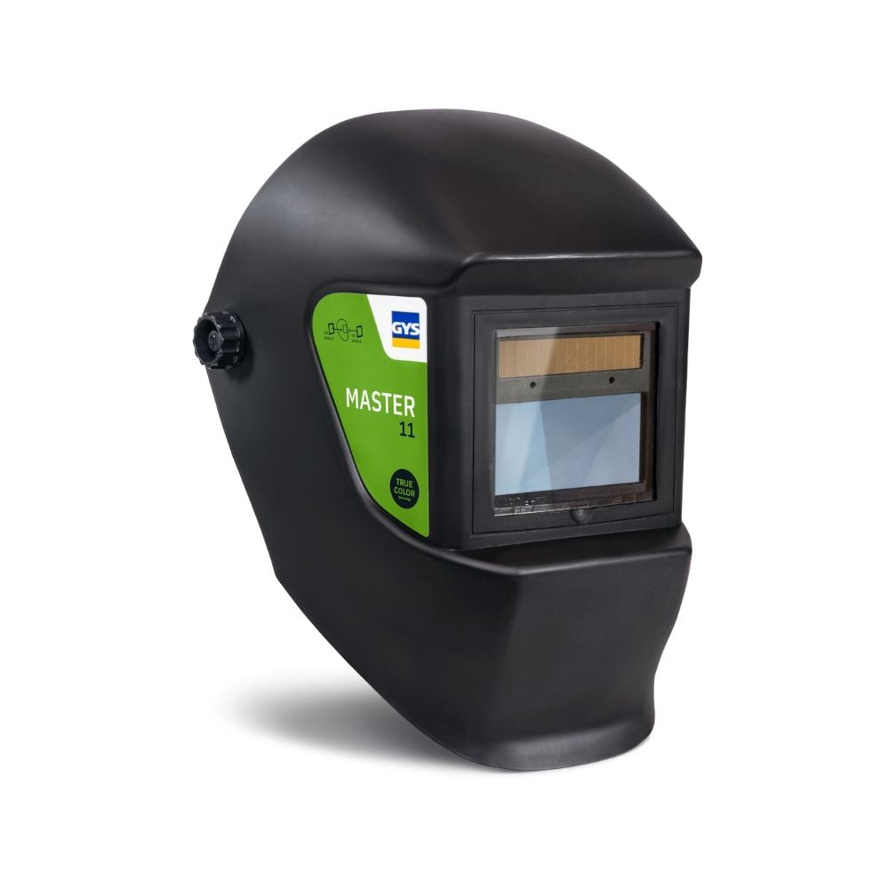 Black welding helmet with digital display on a white background