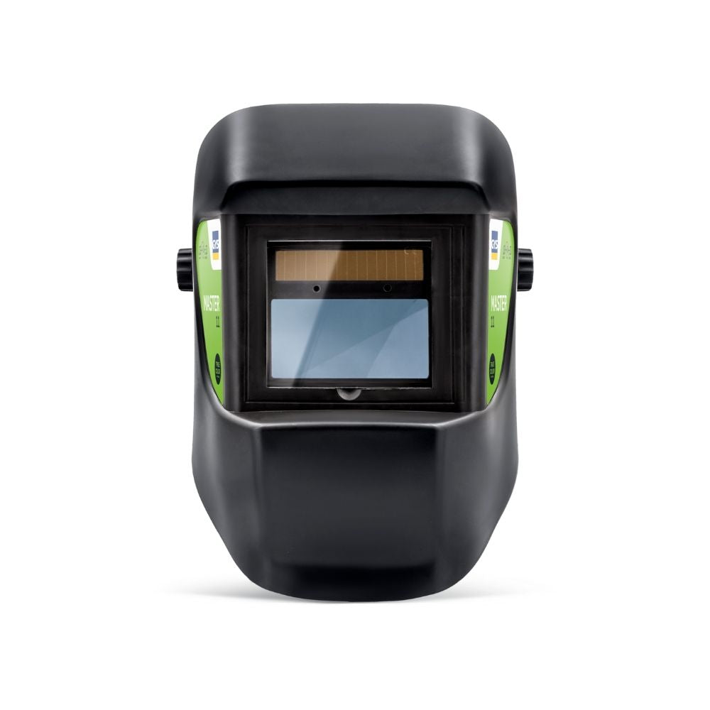 Black welding helmet with a clear visor on a white background