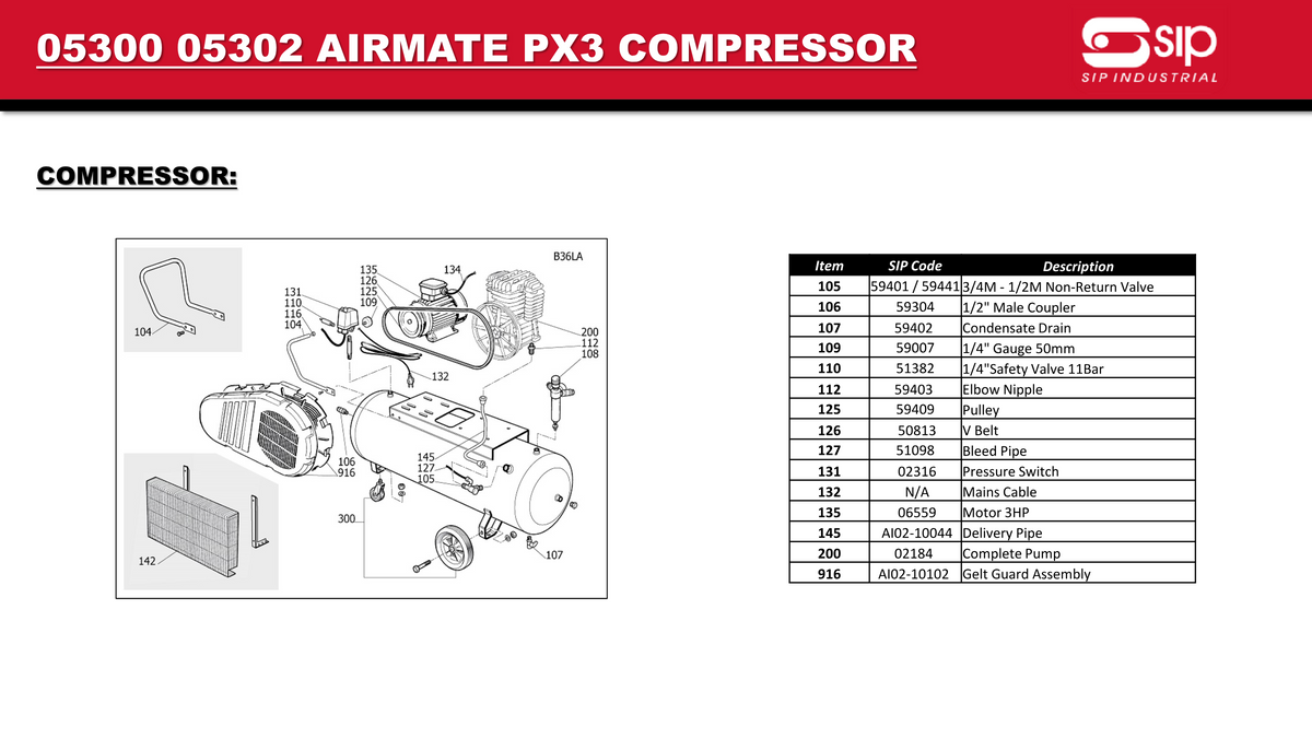 SIP PX3/200-SRB 200ltr 3hp Parts Diagram
