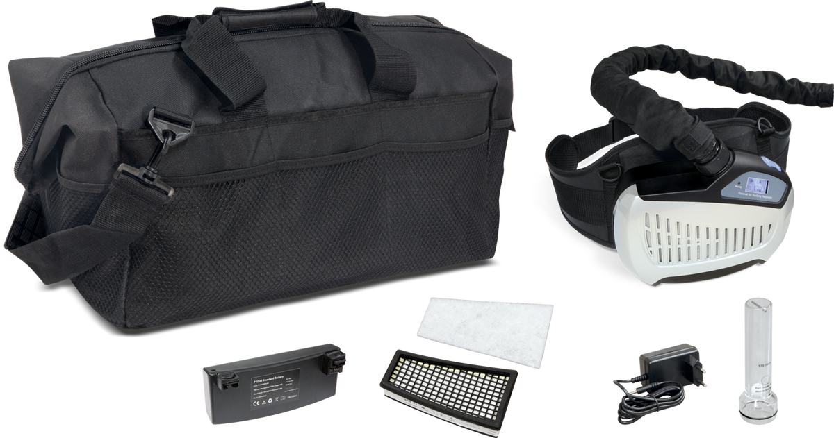 GYSMATIC 9-13 G AIR-FED HELMET TRUE COLOR XL in black duffel bag with cleaning equipment on a white background