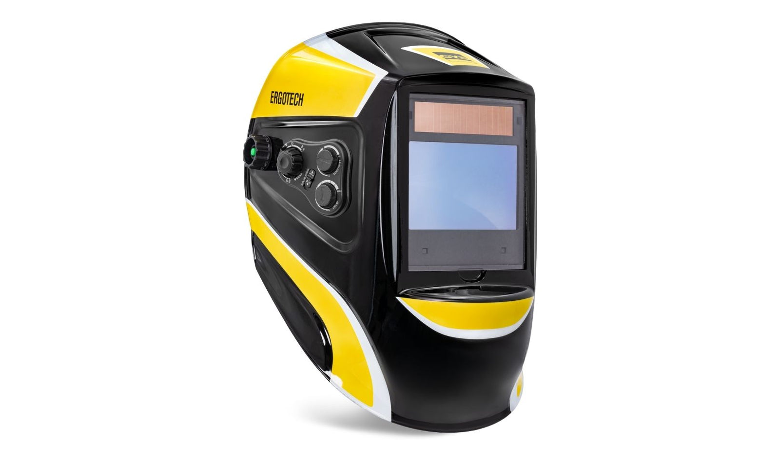 GYS Black and yellow welding helmet with digital display