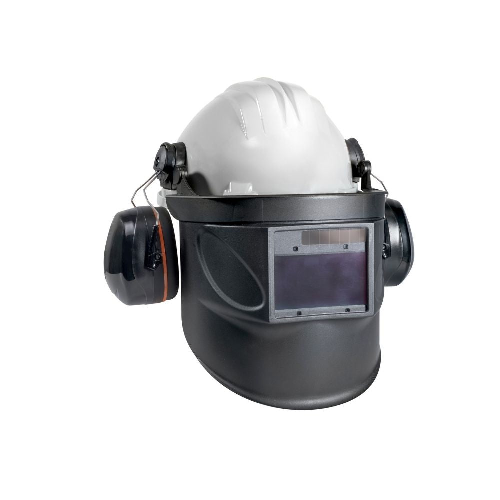Safety helmet with a dark gray face shield on a white background