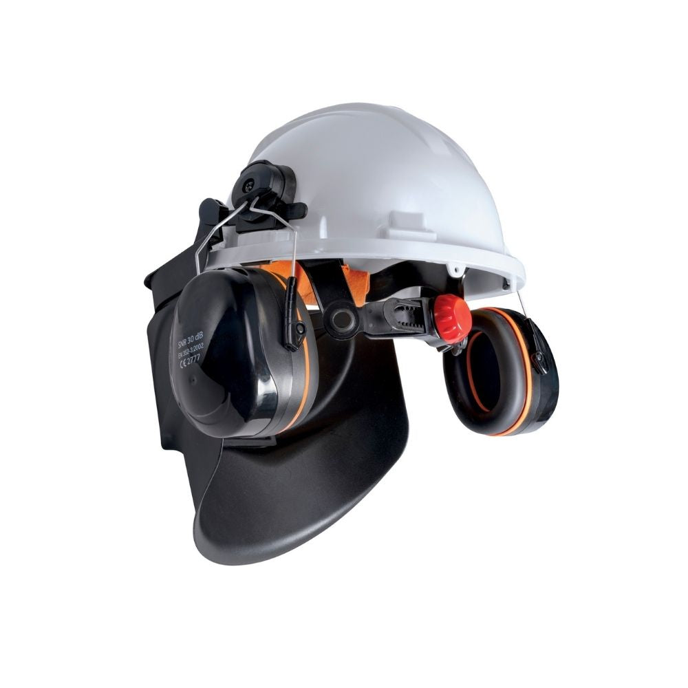 Helmet with ear defenders on a white background