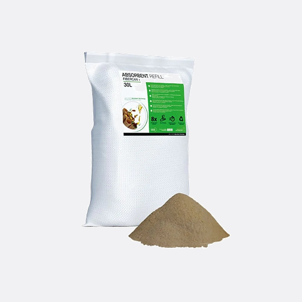 White absorbent refill bag with green label and brown powder on a white background
