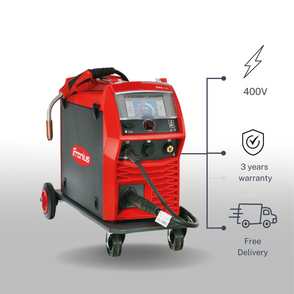 Fronius welding machine on a gray background with features highlighted.