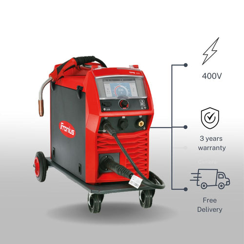 Fronius welding machine on a gray background with features highlighted.