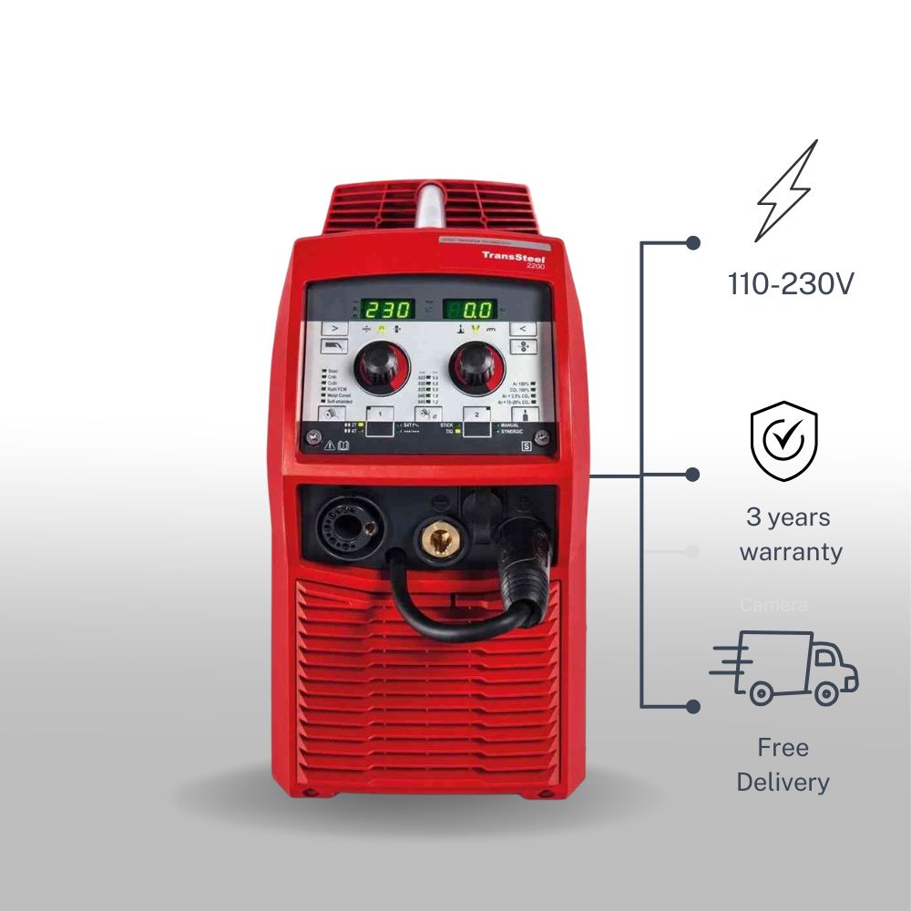 Fronius 2200c welding machine with digital display and various features highlighted on a white background