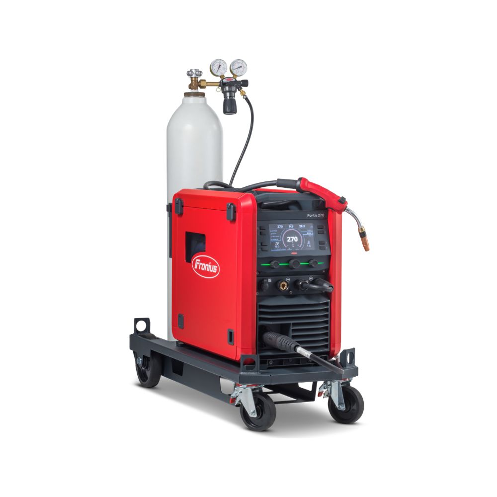 FRONIUS FORTIS 270C XT PULSED MIG  WELDER on a trolley with bottle 