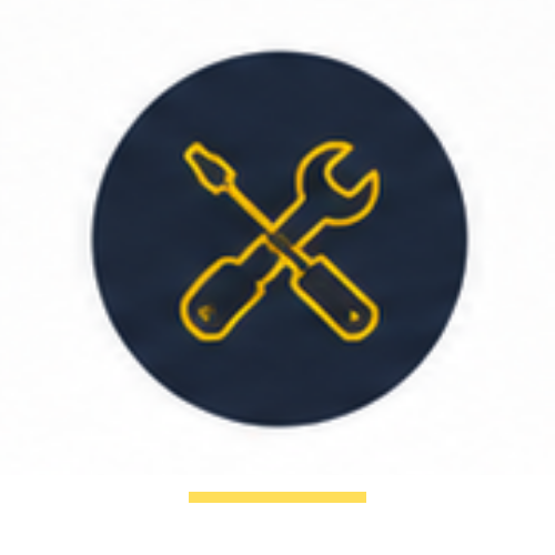 Crossed wrench and screwdriver icon on a dark blue circle with a yellow border.
