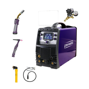 Parweld XTM221DI P2 package with gas arc, plasma torch, welding torch and accessories.