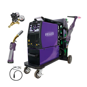 PARWELD XTM221D1-P2T MIG TIG on a trolley with plasma torch and accessories.