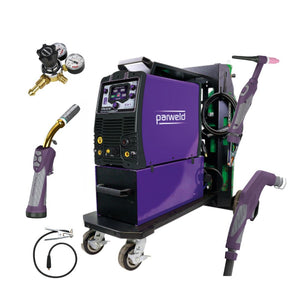 PARWELD XTM221D1-P3T MIG TIG PLASMA  with welding torch, plasma torch, accessories and a trolley.